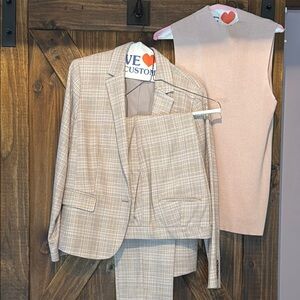 Ann Taylor Pink Brown Plaid Pantsuit, Pink Knit Top 3 Pieces Size 10